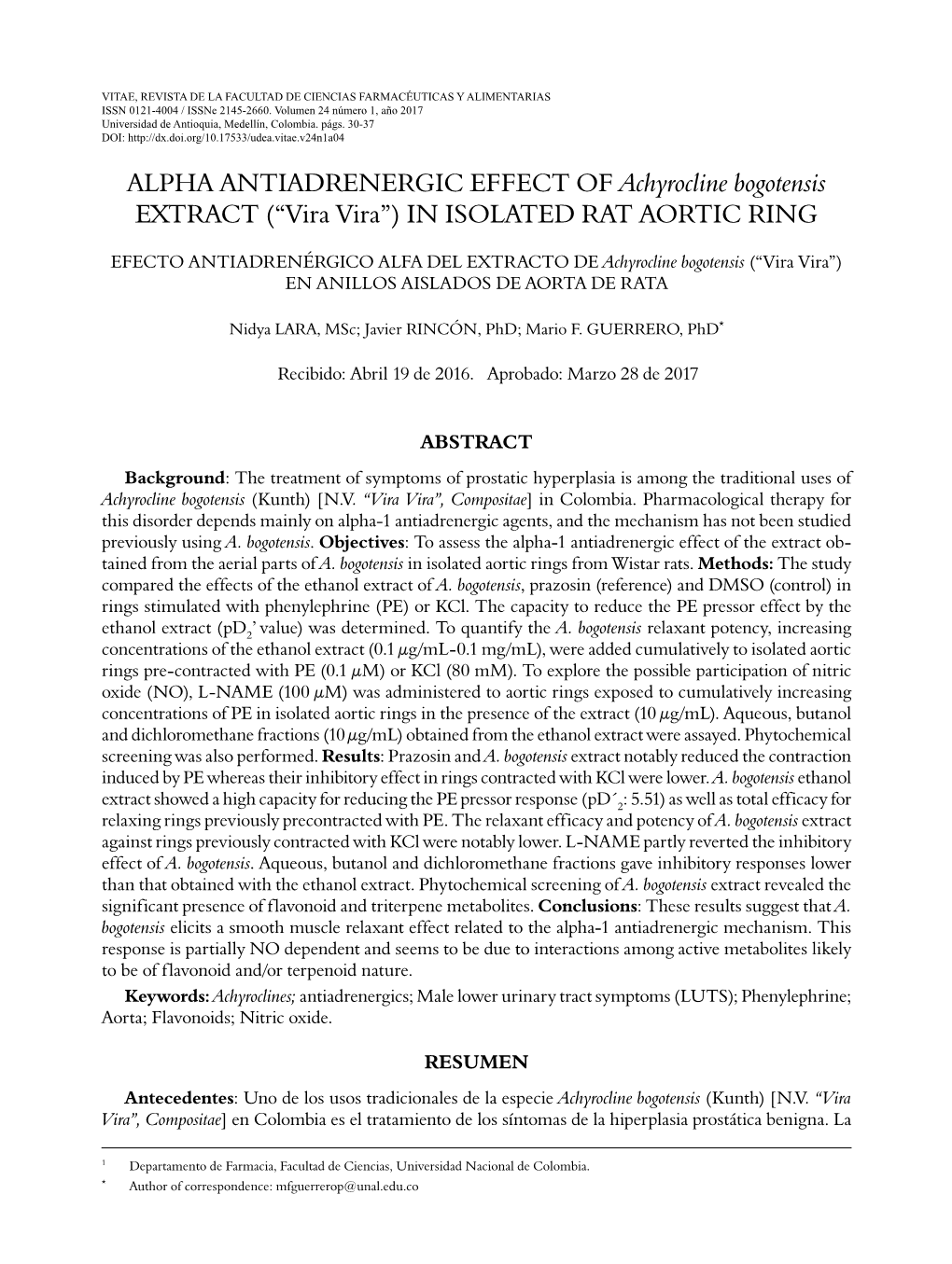 ALPHA ANTIADRENERGIC EFFECT of Achyrocline Bogotensis EXTRACT (“Vira Vira”) in ISOLATED RAT AORTIC RING
