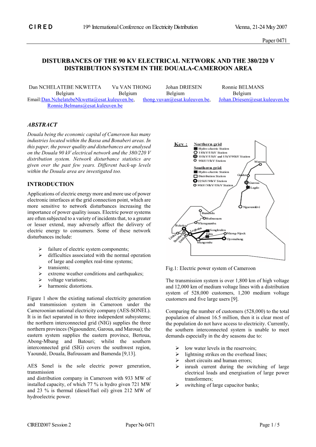 Disturbances of the 90 Kv Electrical Network and the 380/220 V Distribution System in the Douala-Cameroon Area