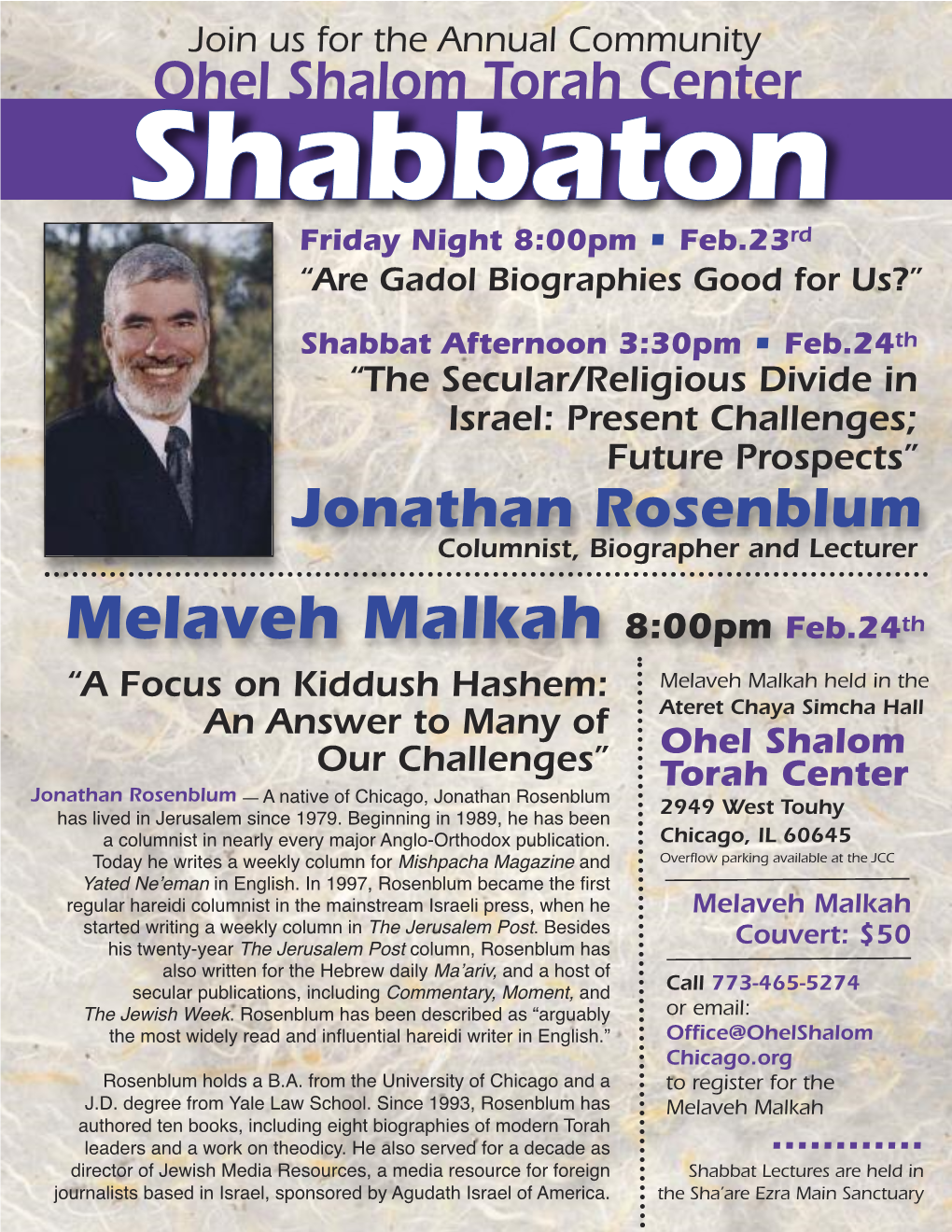 Melaveh Malkah 8:00Pm Feb.24Th