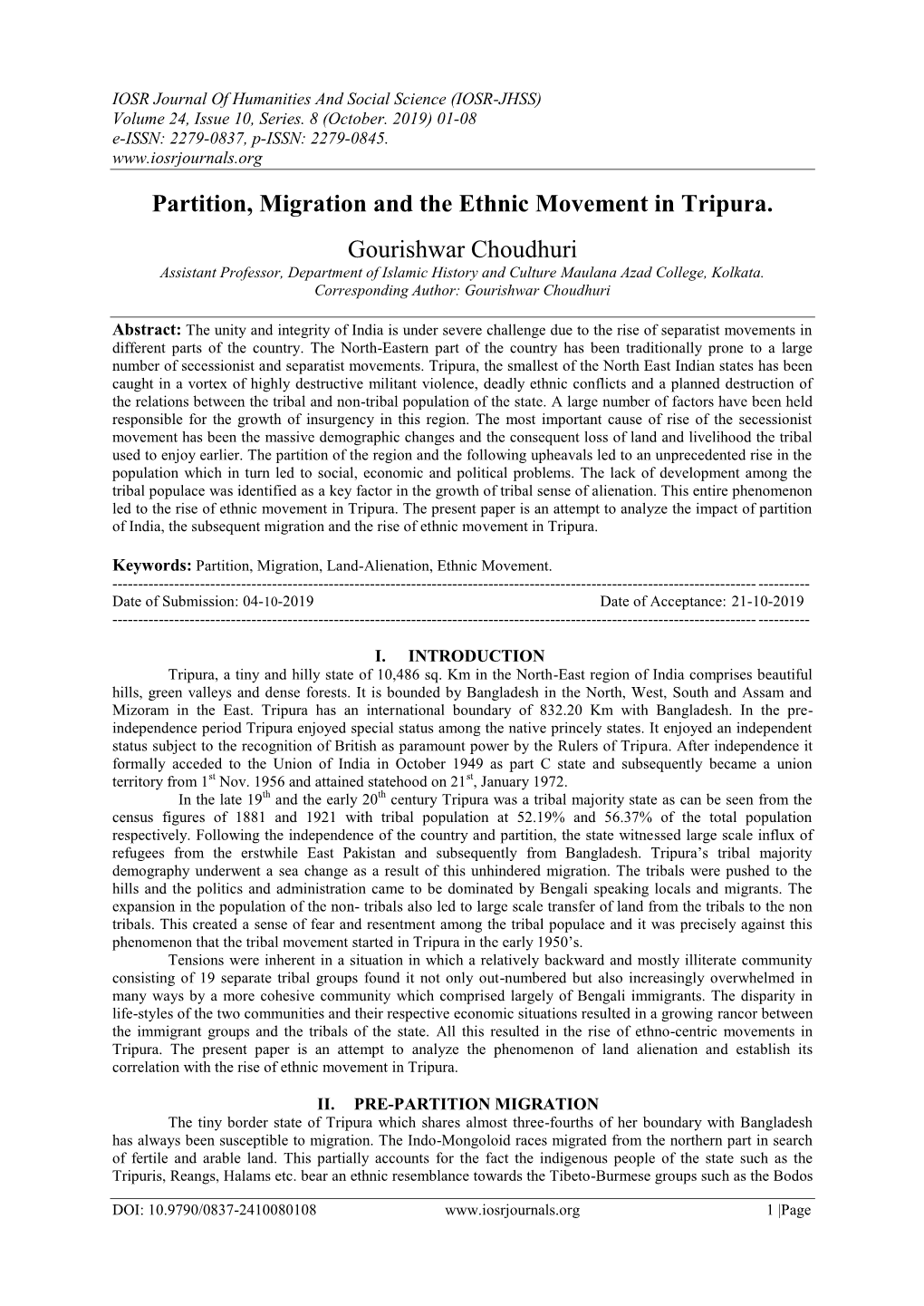 Partition, Migration and the Ethnic Movement in Tripura. Gourishwar