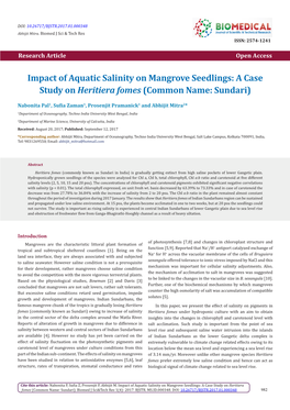 Impact of Aquatic Salinity on Mangrove Seedlings: a Case Study on Heritiera Fomes (Common Name: Sundari)
