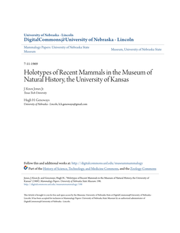 Holotypes of Recent Mammals in the Museum of Natural History, the University of Kansas J
