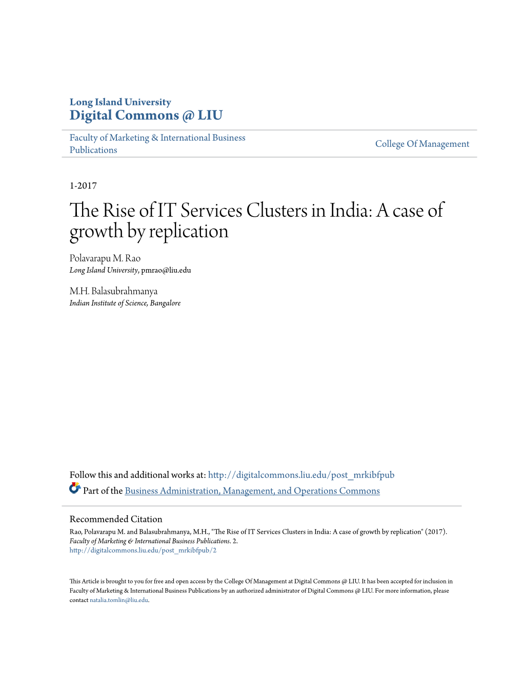 The Rise of IT Services Clusters in India: a Case of Growth by Replication Polavarapu M