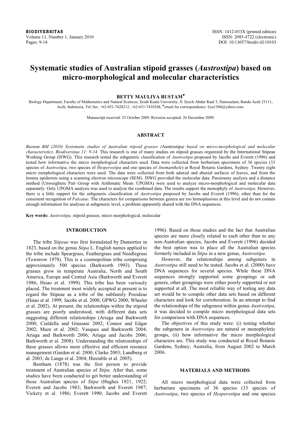 Systematic Studies of Australian Stipoid Grasses (Austrostipa) Based on Micro-Morphological and Molecular Characteristics