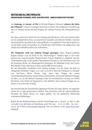 Aufstieg Und Fall Eines Populisten Wiederaufnahme Von Wagners „Rienzi“ in Der Oper Leipzig – Andreas Schager in Der Titelpartie