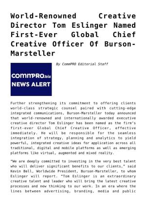 World-Renowned Creative Director Tom Eslinger Named First-Ever Global Chief Creative Officer of Burson- Marsteller