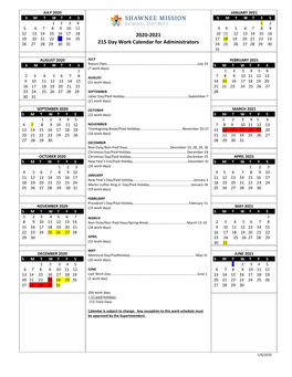 2020-2021 215 Day Work Calendar for Administrators