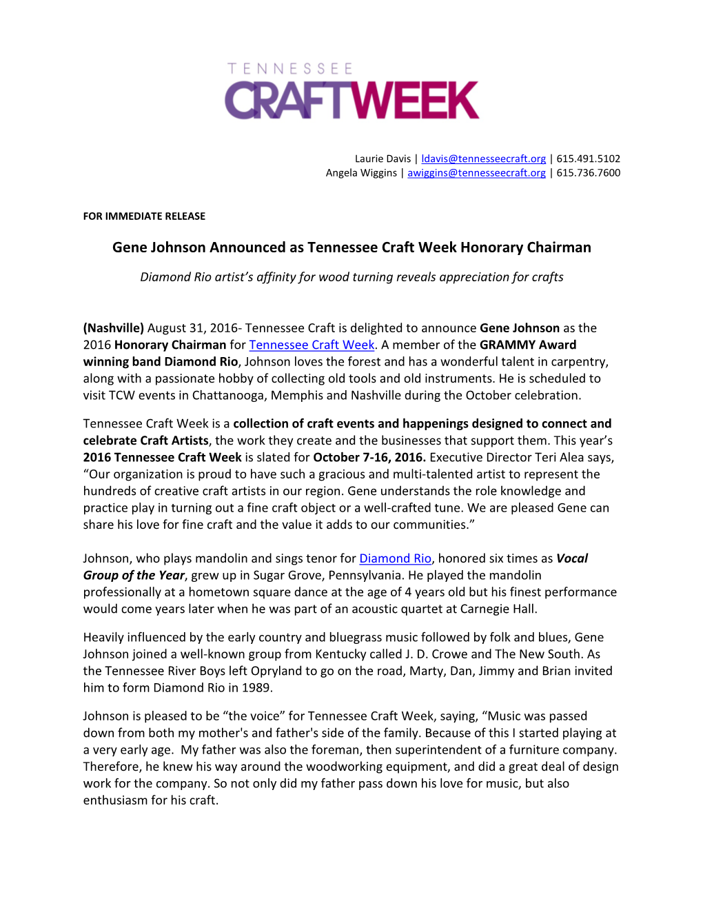 Gene Johnson Announced As Tennessee Craft Week Honorary Chairman