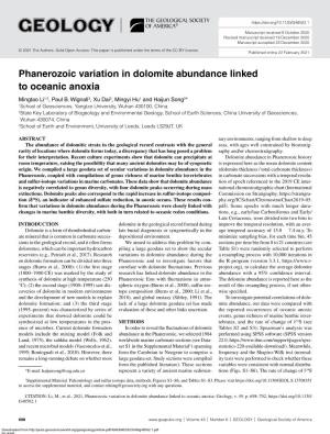 Phanerozoic Variation in Dolomite Abundance Linked to Oceanic Anoxia Mingtao Li1,2, Paul B