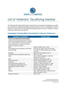 List of Veterans' Qualifying Medals