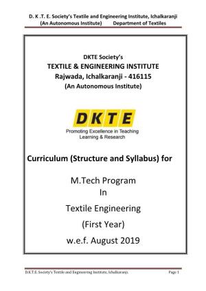 M.Tech Program in Textile Engineering (First Year) W.E.F