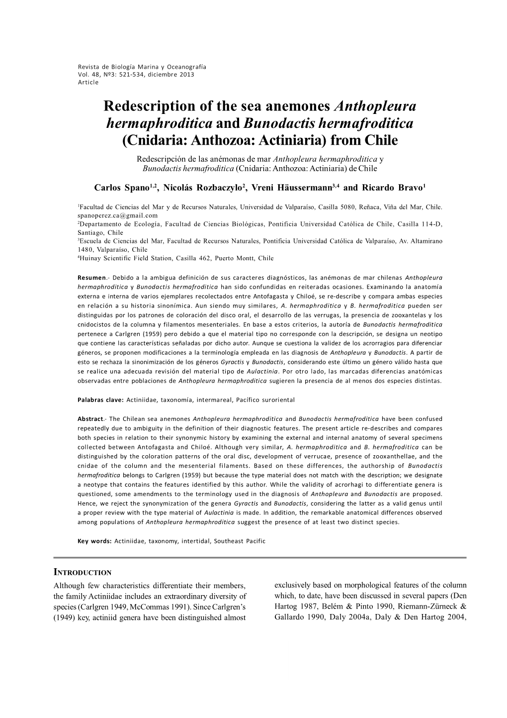Redescription of the Sea Anemones Anthopleura Hermaphroditica and Bunodactis Hermafroditica (Cnidaria: Anthozoa: Actiniaria)