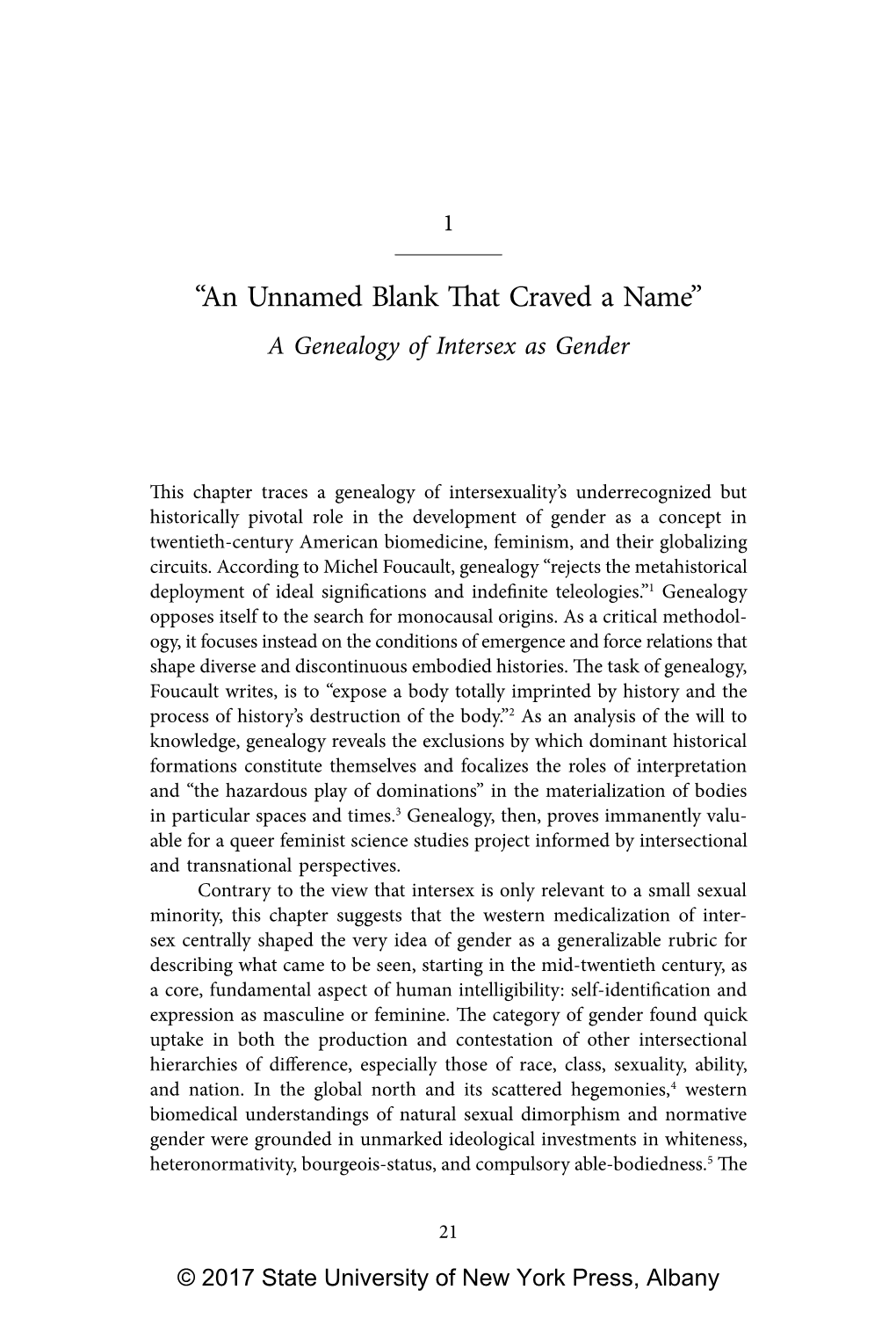 “An Unnamed Blank That Craved a Name” a Genealogy of Intersex As Gender