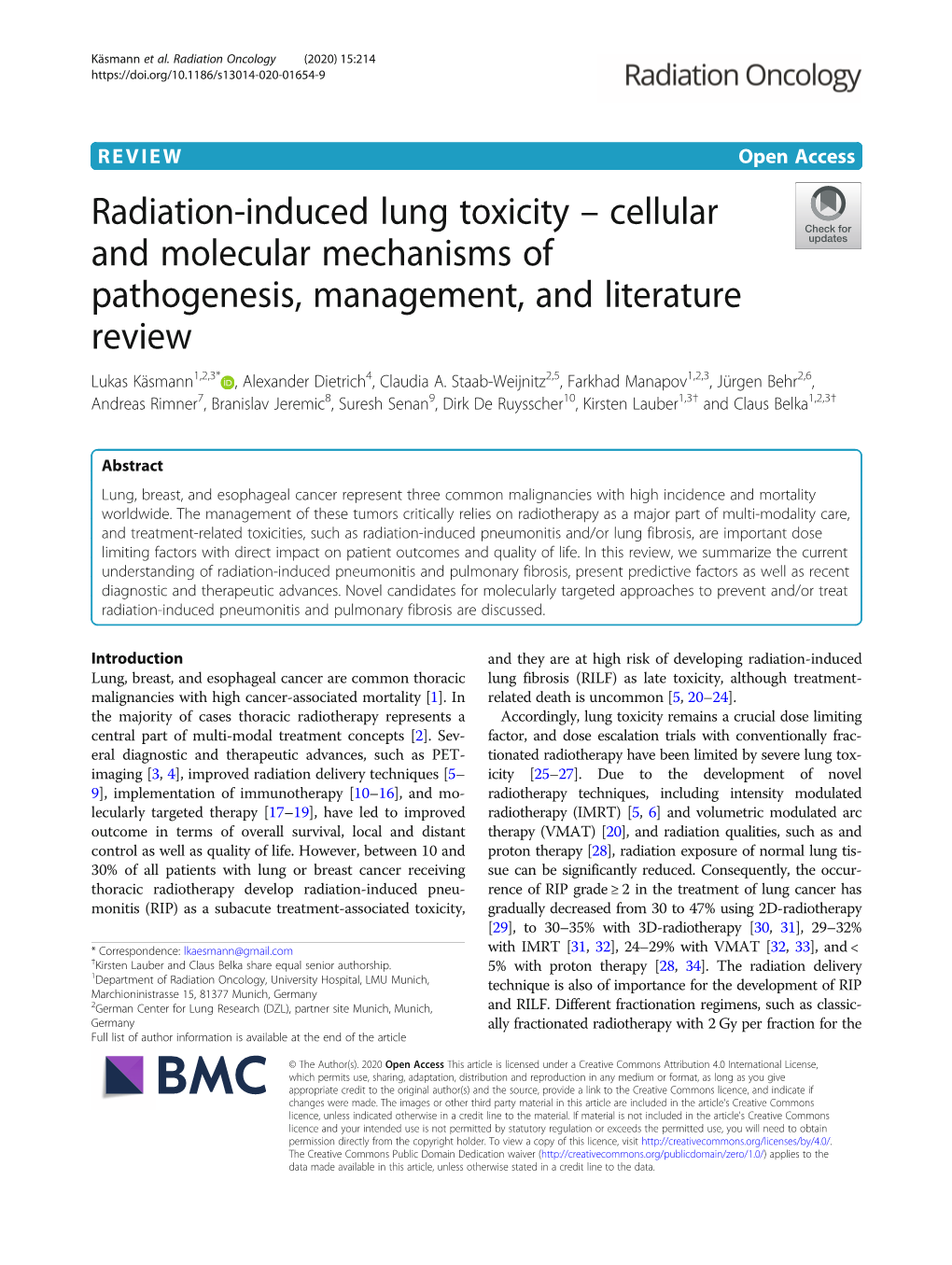 Radiation-Induced Lung Toxicity – Cellular and Molecular Mechanisms