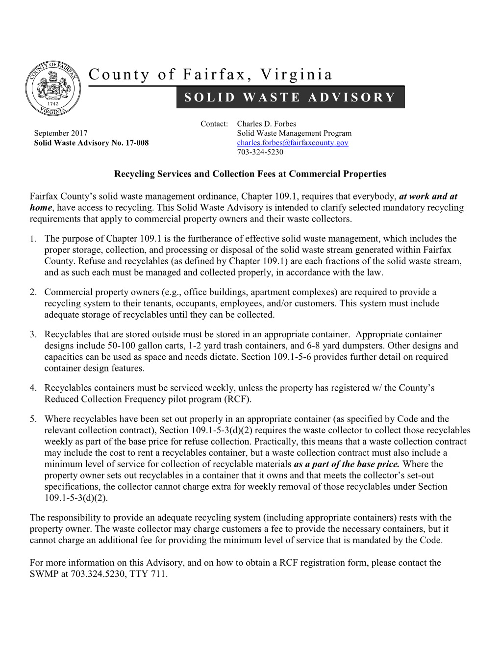 Solid Waste Advisory No. 17-008 Recycling Services and Collection