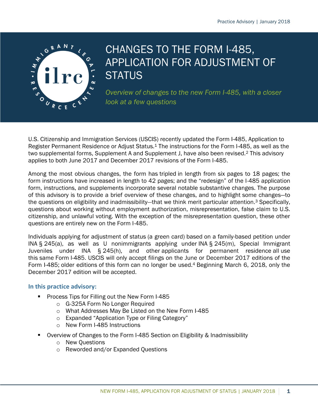 Changes to the Form I-485, Application for Adjustment of Status