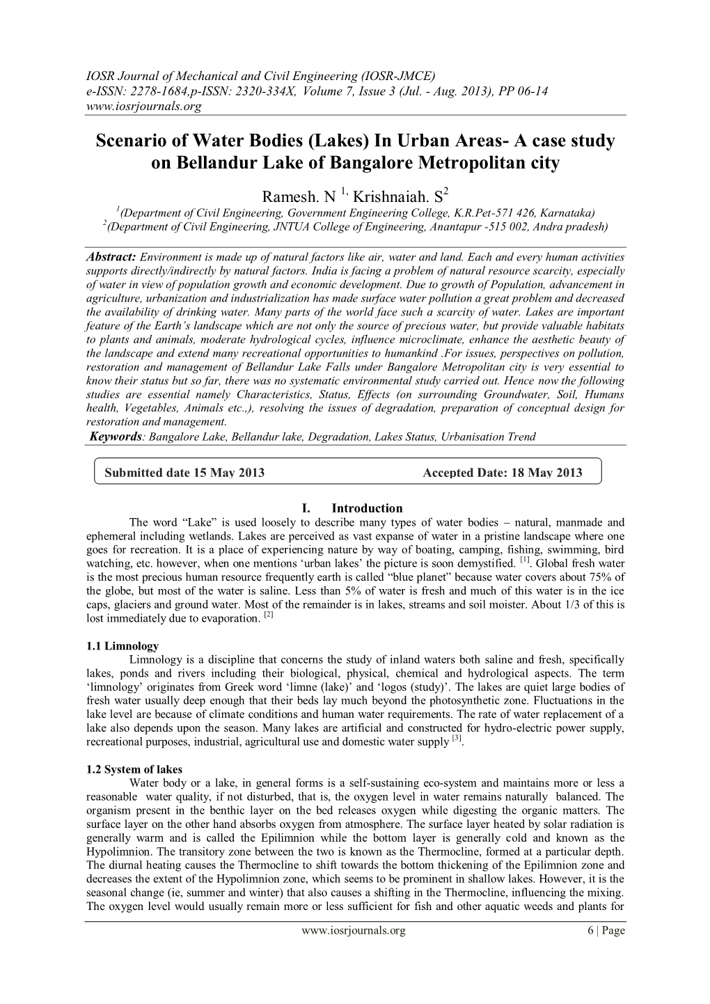 (Lakes) in Urban Areas- a Case Study on Bellandur Lake of Bangalore Metropolitan City