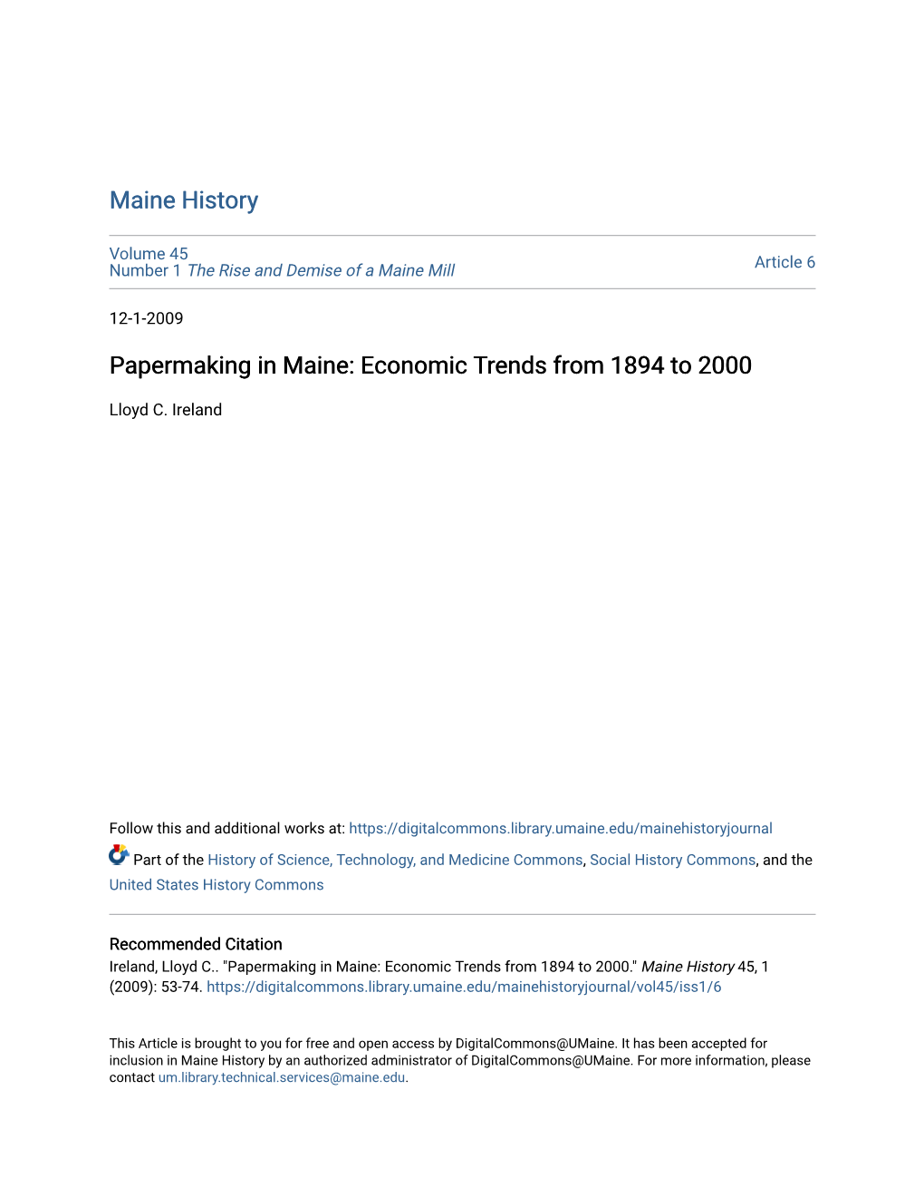 Papermaking in Maine: Economic Trends from 1894 to 2000