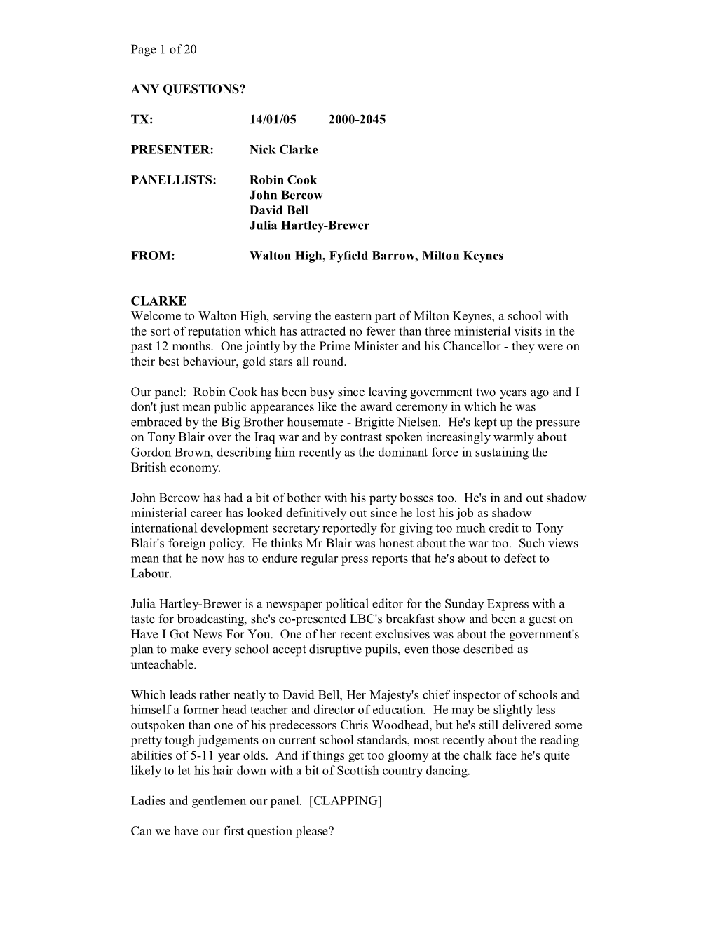 Page 1 of 20 ANY QUESTIONS? TX: 14/01/05 2000-2045