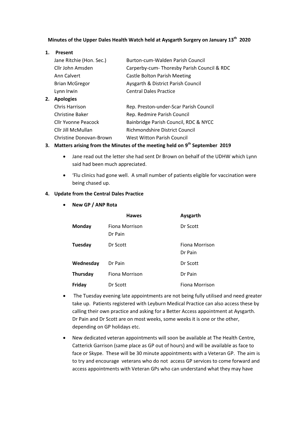 Minutes of the Upper Dales Health Watch Held at Aysgarth Surgery on January 13Th 2020