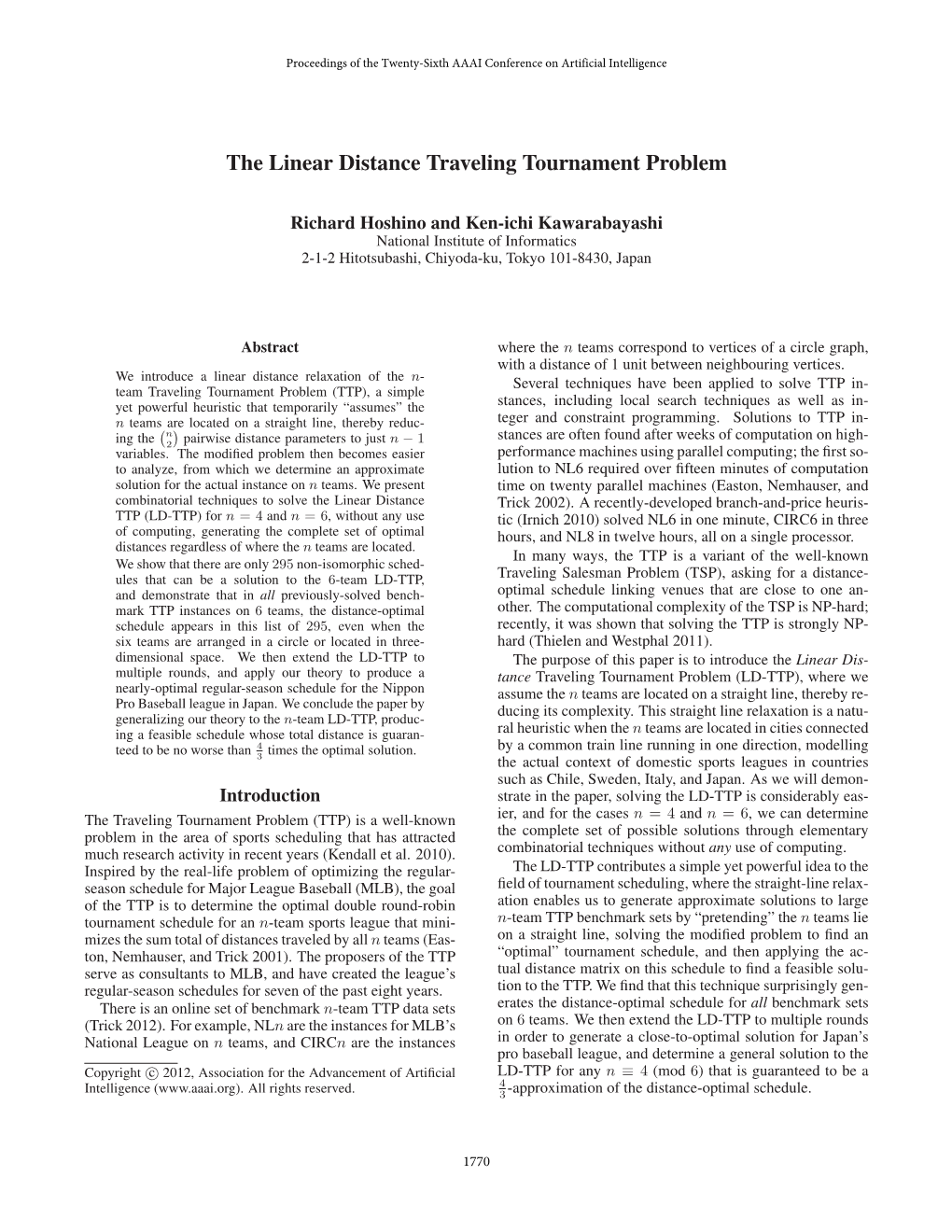 The Linear Distance Traveling Tournament Problem