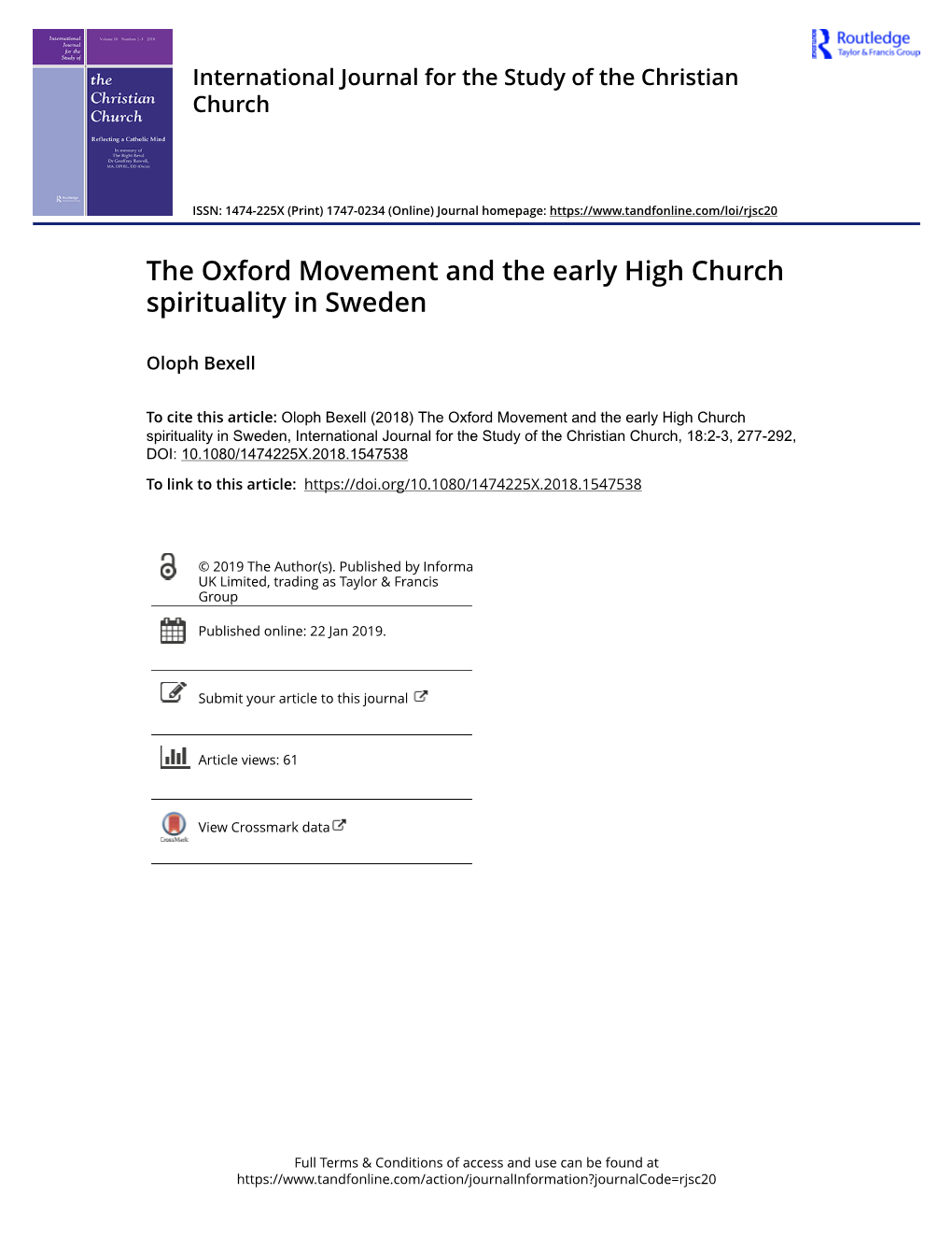 The Oxford Movement and the Early High Church Spirituality in Sweden