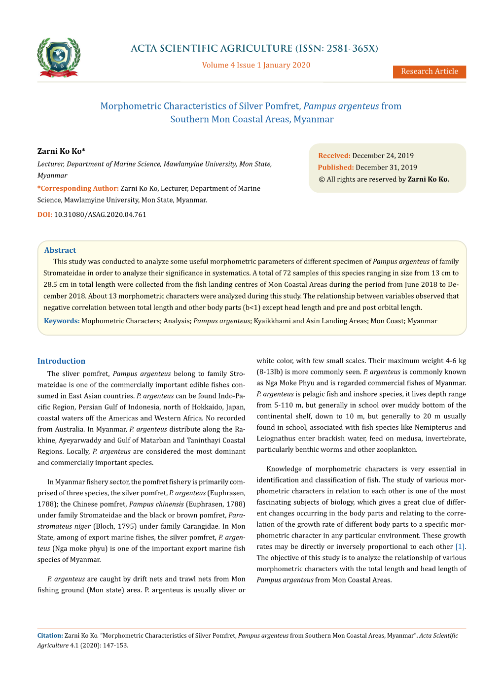 Morphometric Characteristics of Silver Pomfret, Pampus Argenteus from Southern Mon Coastal Areas, Myanmar