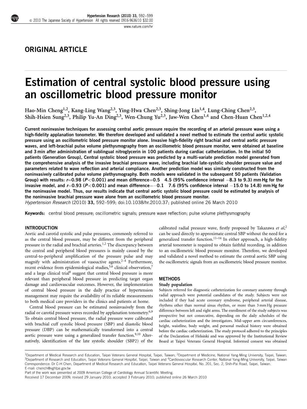 Estimation of Central Systolic Blood Pressure Using an Oscillometric Blood Pressure Monitor