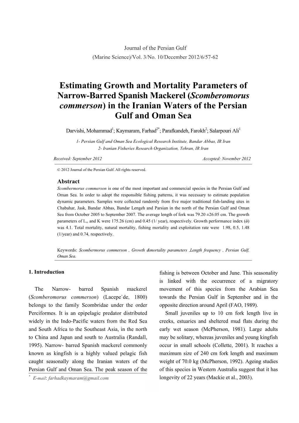 (Scomberomorus Commerson) in the Iranian Waters of the Persian Gulf and Oman Sea