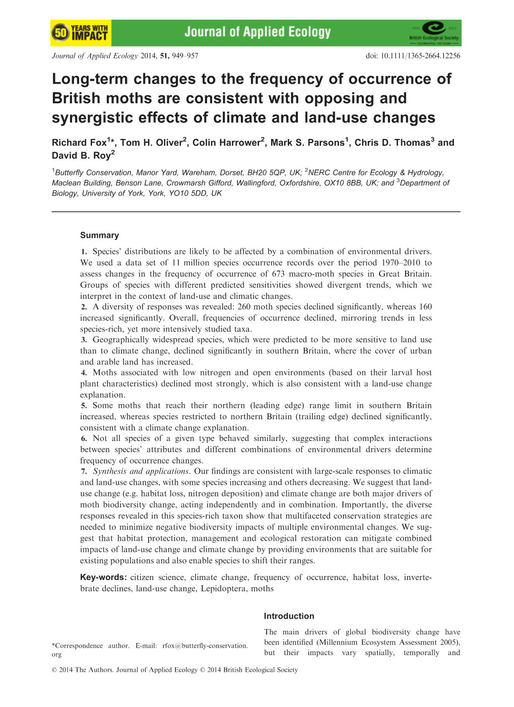 Long-Term Changes to the Frequency of Occurrence of British Moths Are Consistent with Opposing and Synergistic Effects of Climate and Land-Use Changes