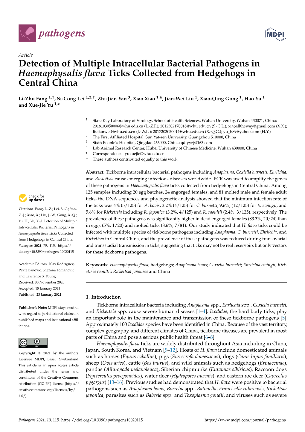 Detection of Multiple Intracellular Bacterial Pathogens in Haemaphysalis Flava Ticks Collected from Hedgehogs in Central China