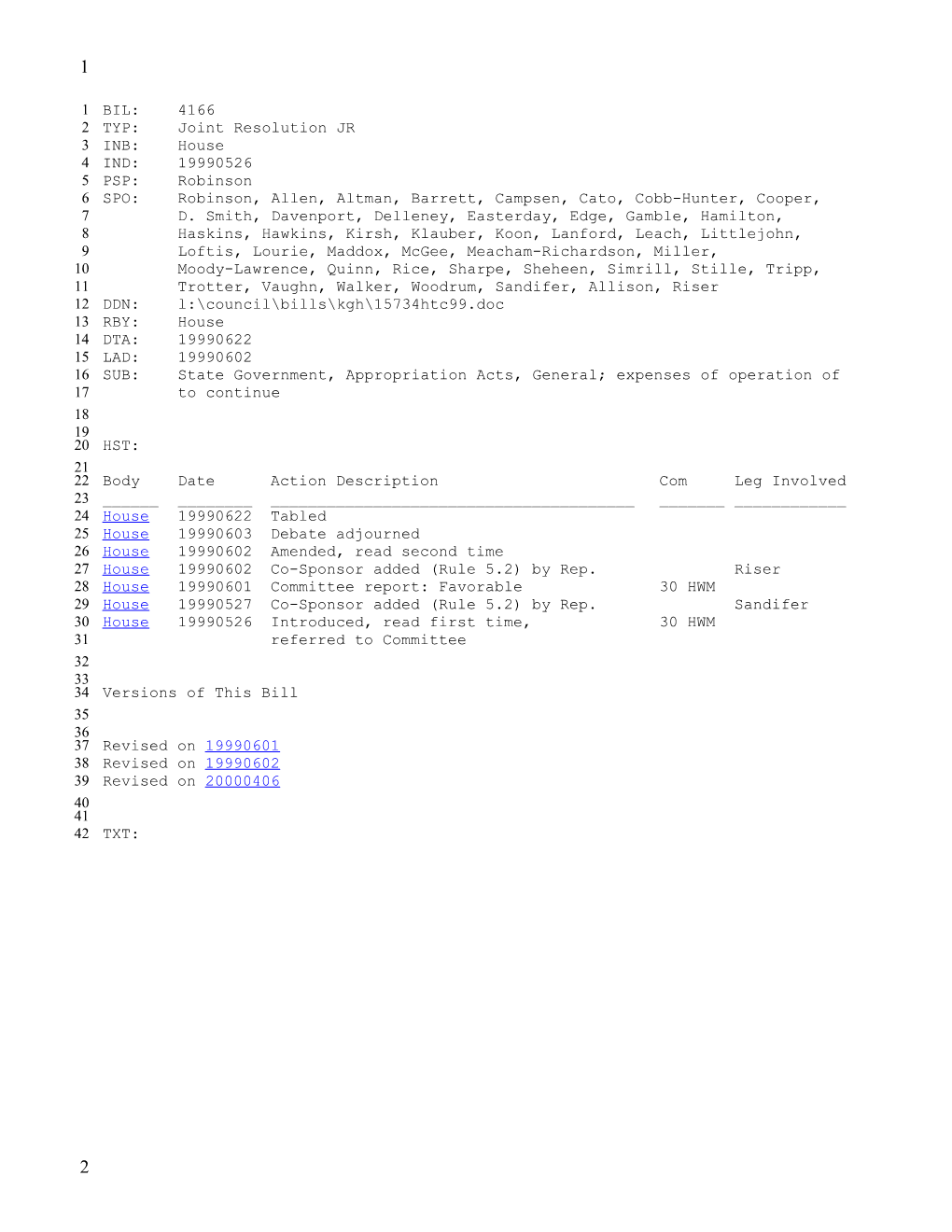 1999-2000 Bill 4166: State Government, Appropriation Acts, General; Expenses of Operation