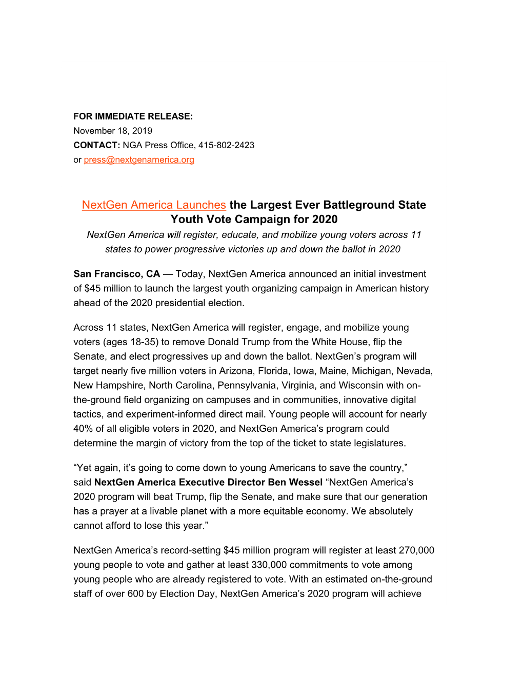 Nextgen America Launches the Largest Ever Battleground State