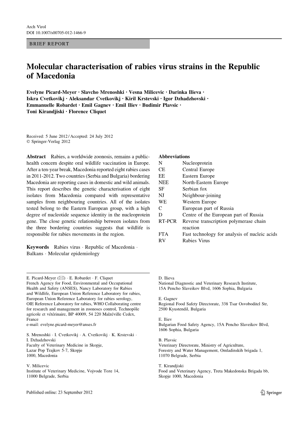 Molecular Characterisation of Rabies Virus Strains in the Republic of Macedonia