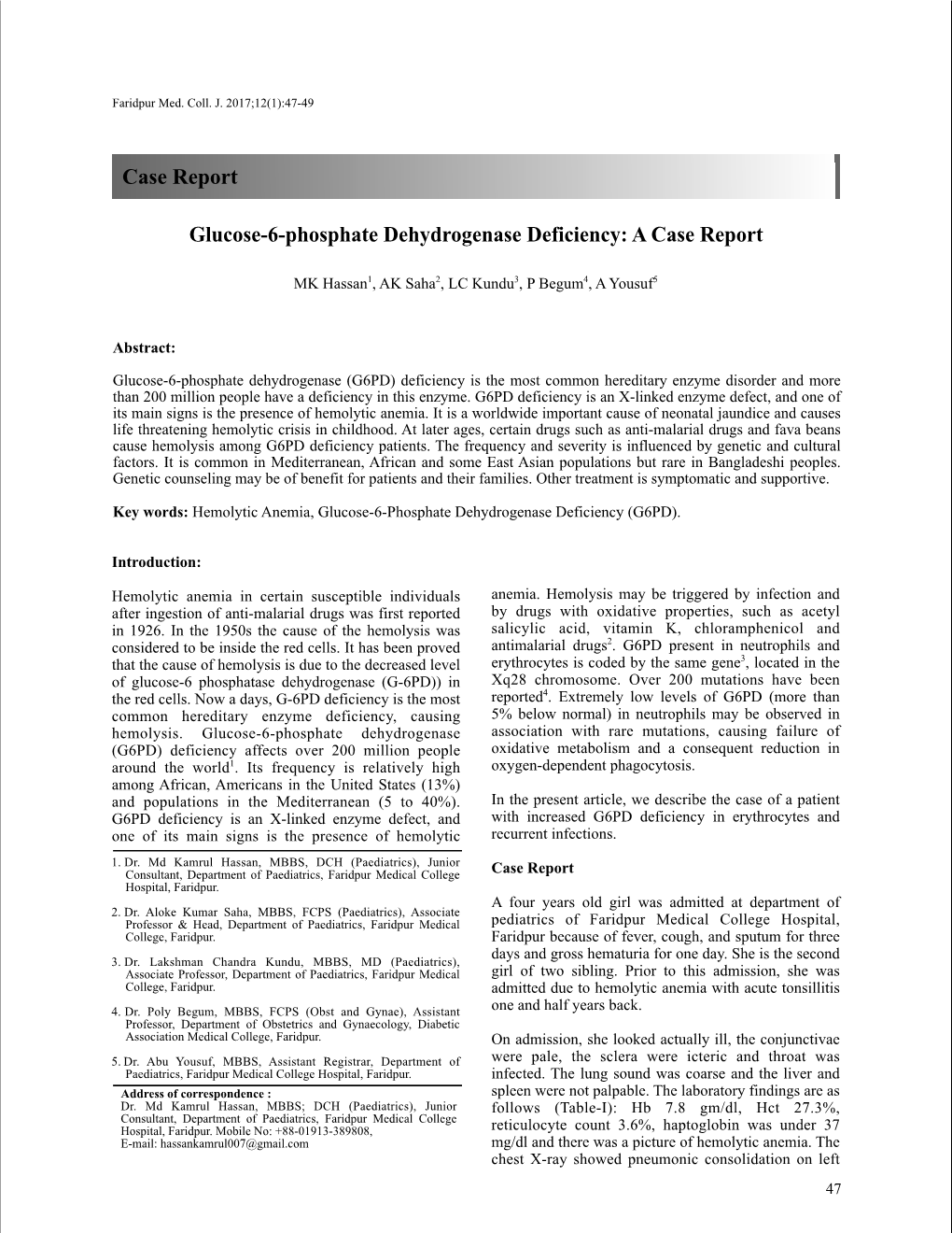 Glucose-6-Phosphate Dehydrogenase Deficiency: a Case Report