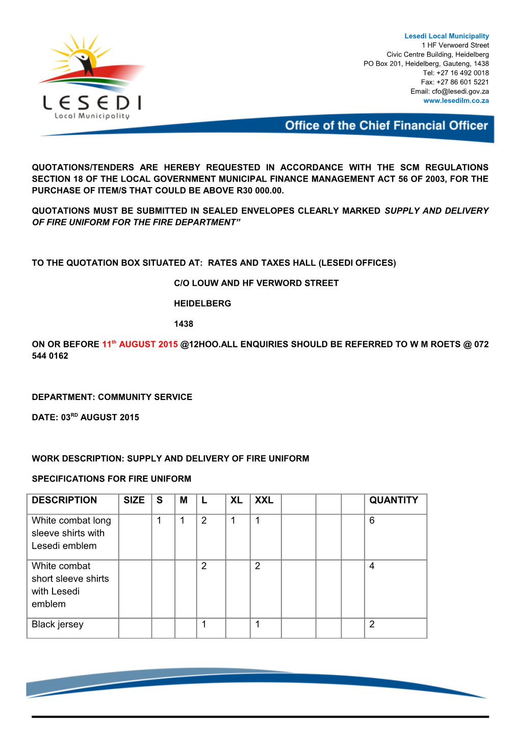 Quotations/Tenders Are Hereby Requested in Accordance with the Scm Regulations Section