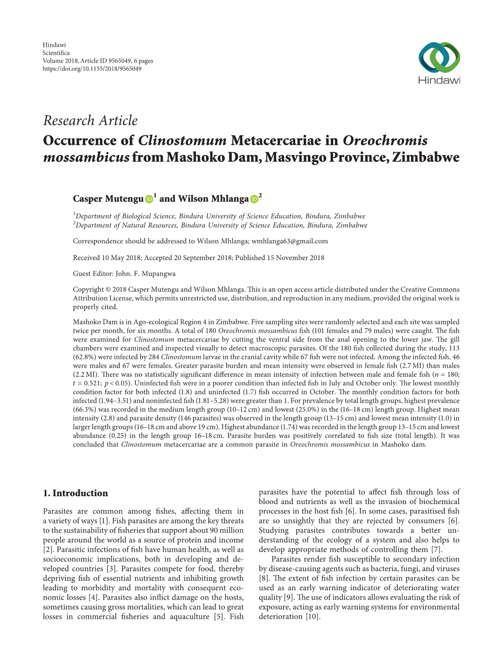 Occurrence of Clinostomum Metacercariae in Oreochromis Mossambicus from Mashoko Dam, Masvingo Province, Zimbabwe