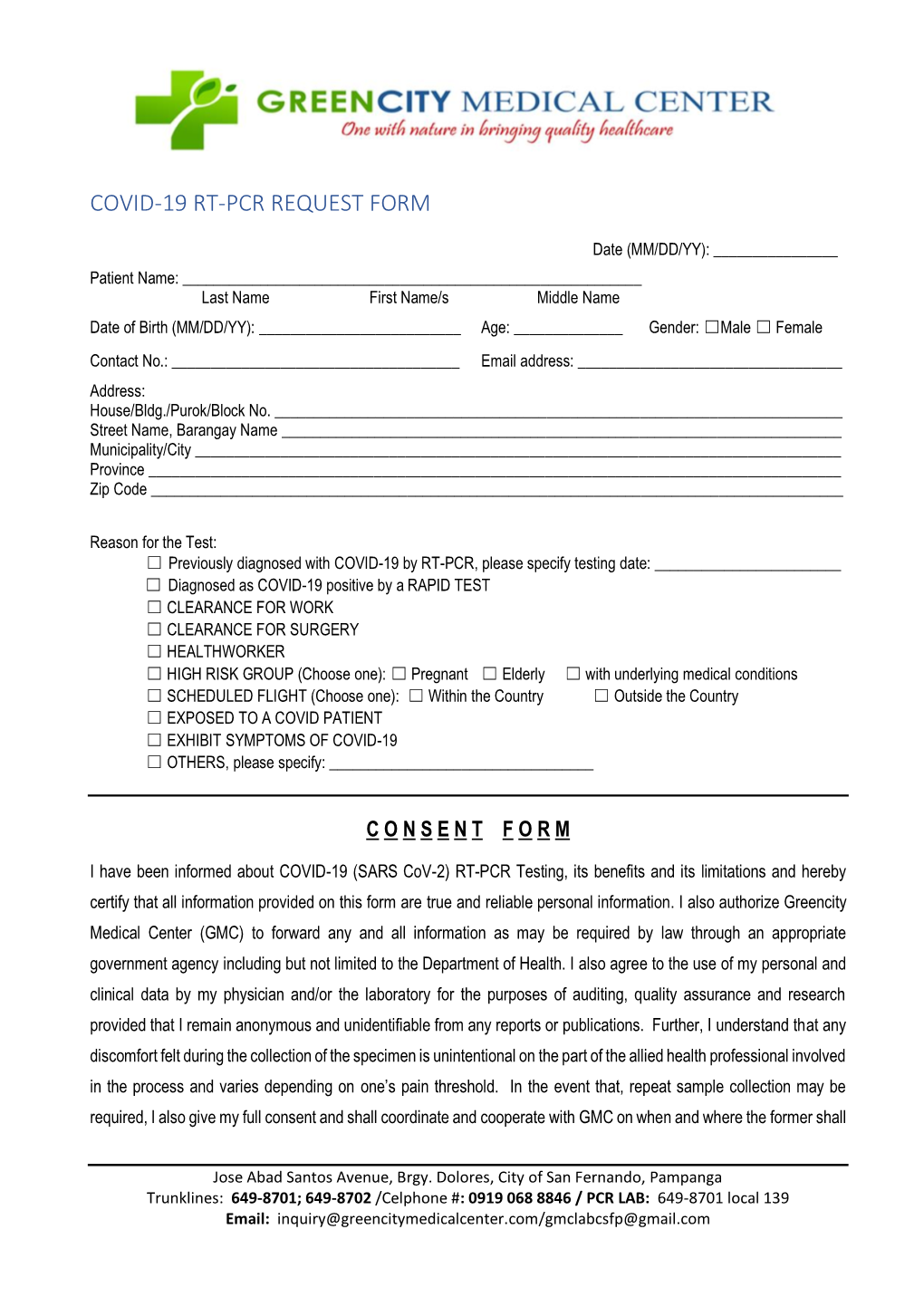 Covid-19 Rt-Pcr Request Form