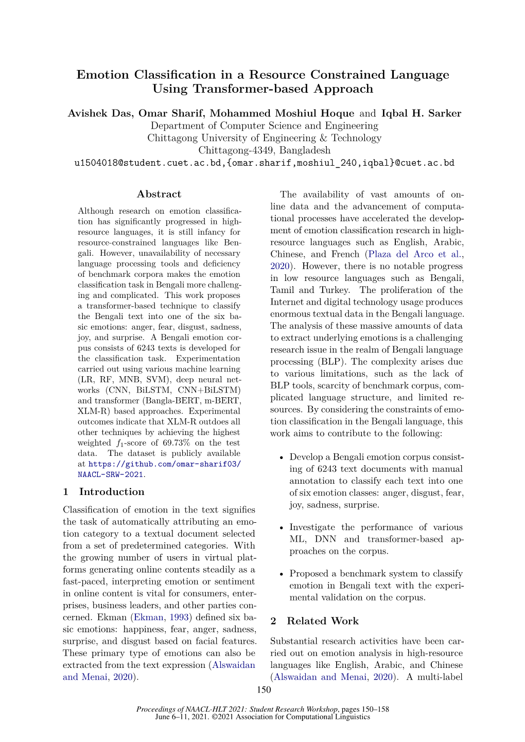 Emotion Classification in a Resource Constrained Language Using Transformer-Based Approach