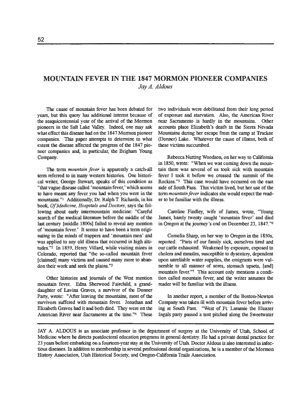 MOUNTAIN FEVER in the 1847 MORMON PIONEER COMPANIES Jay A