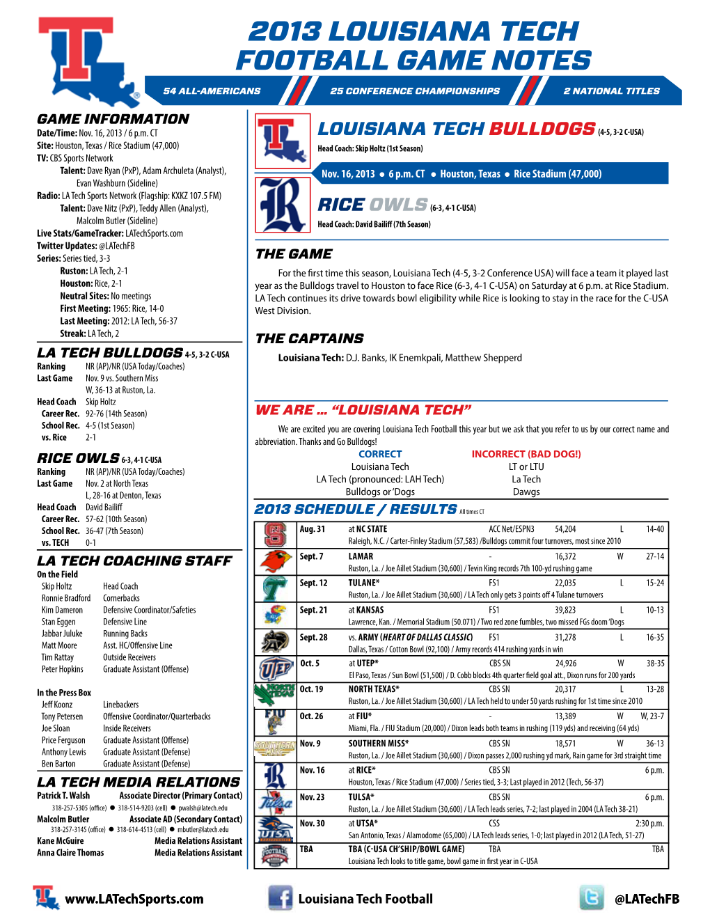 2013 Louisiana Tech Football Game Notes 54 All-Americans 25 Conference Championships 2 National Titles