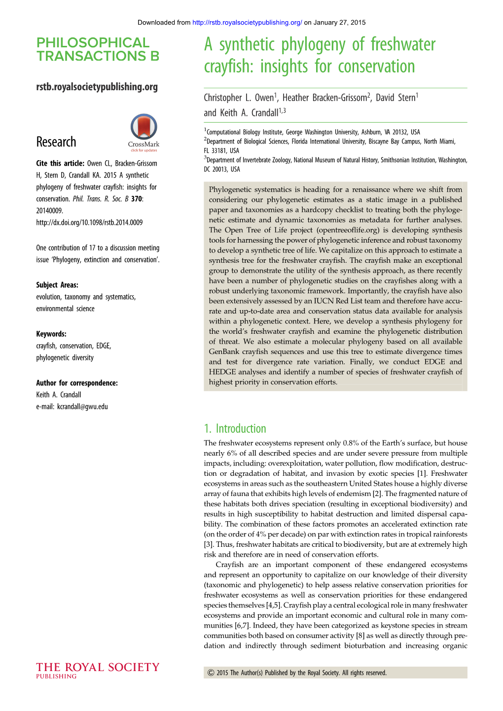 A Synthetic Phylogeny of Freshwater Crayfish: Insights for Conservation Rstb.Royalsocietypublishing.Org Christopher L