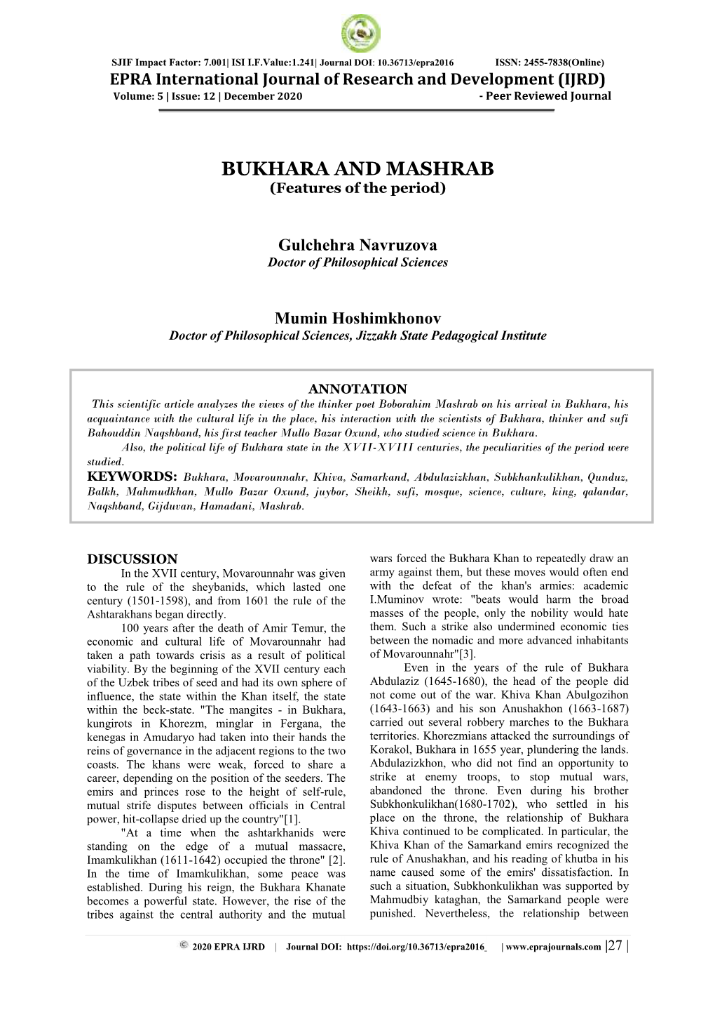 BUKHARA and MASHRAB (Features of the Period)