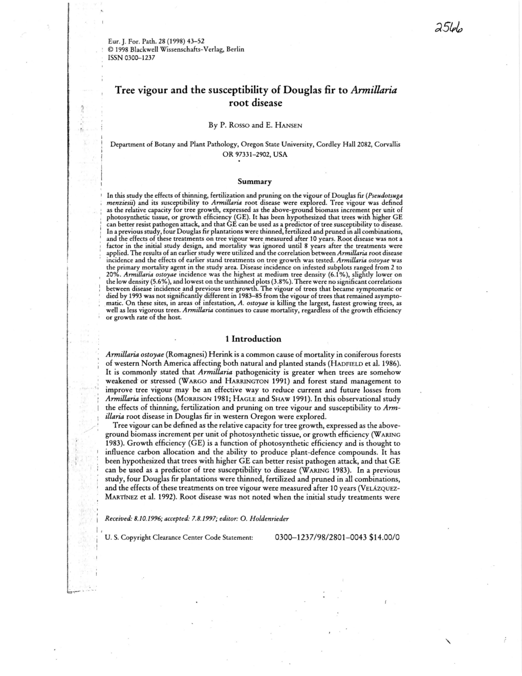 Tree Vigour and the Susceptibility of Douglas Fir to Annillaria Root Disease