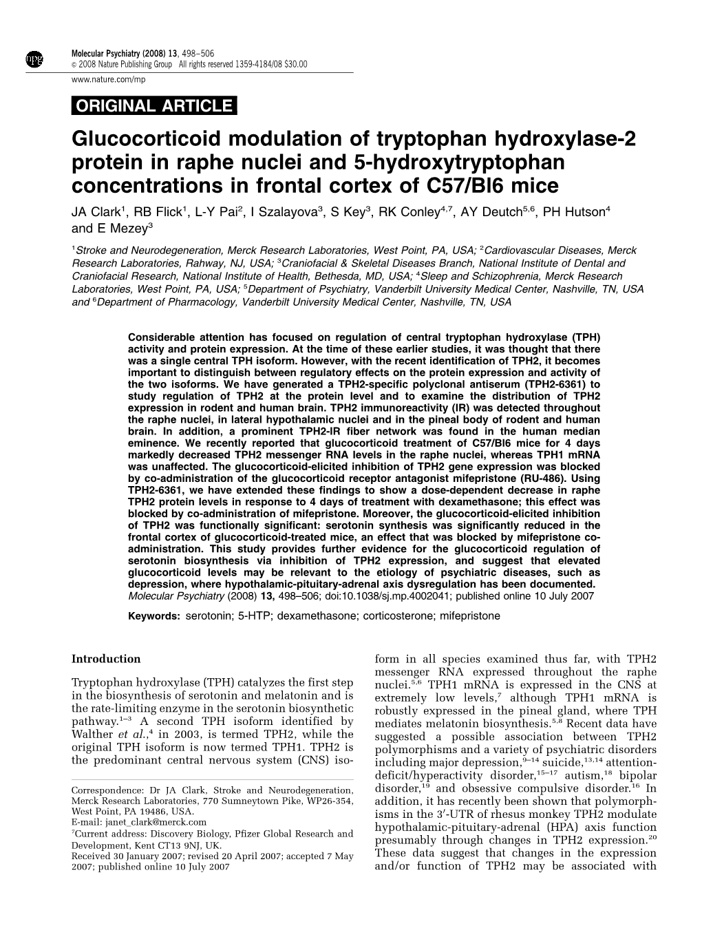 Glucocorticoid Modulation of Tryptophan Hydroxylase-2 Protein In