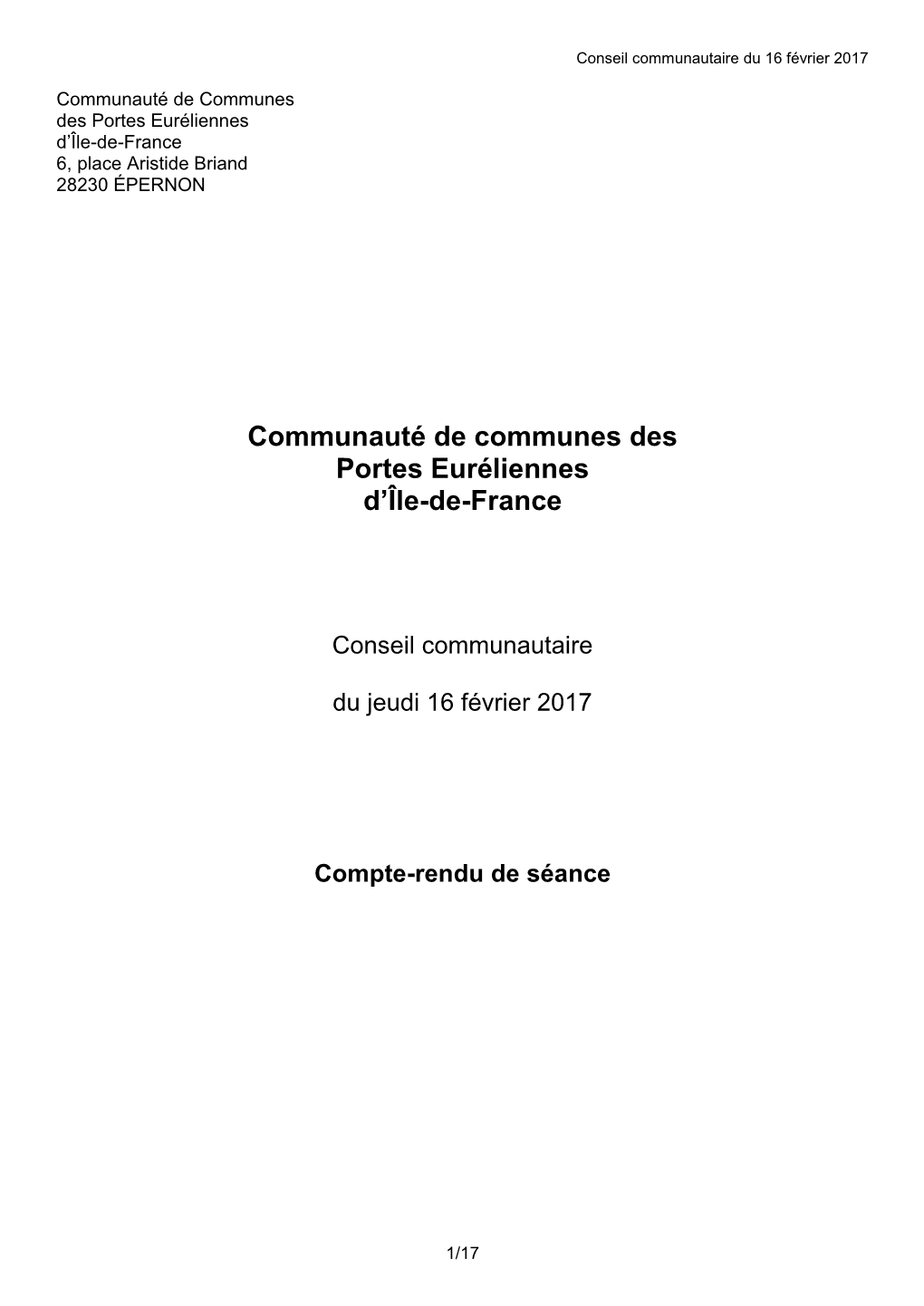 Conseil Communautaire Du 16 Février 2017