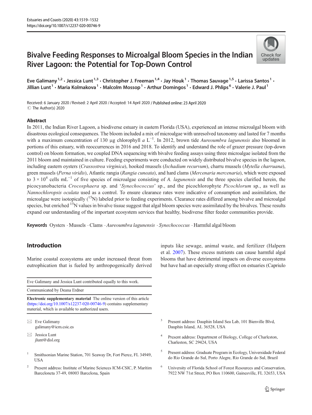 Bivalve Feeding Responses to Microalgal Bloom Species in the Indian River Lagoon: the Potential for Top-Down Control