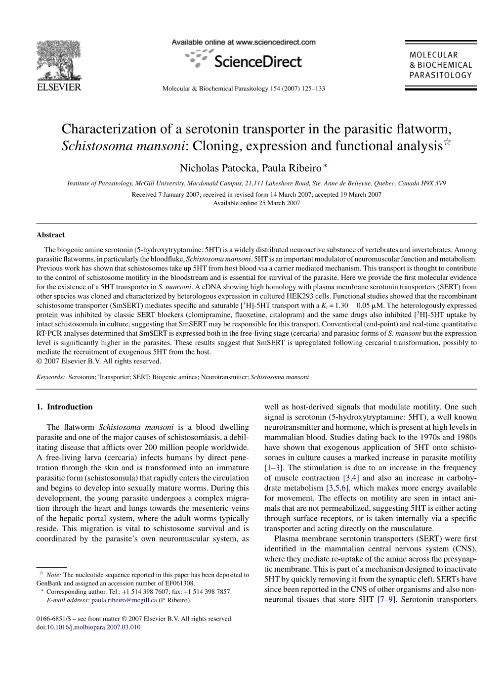 Characterization of a Serotonin Transporter in the Parasitic Flatworm