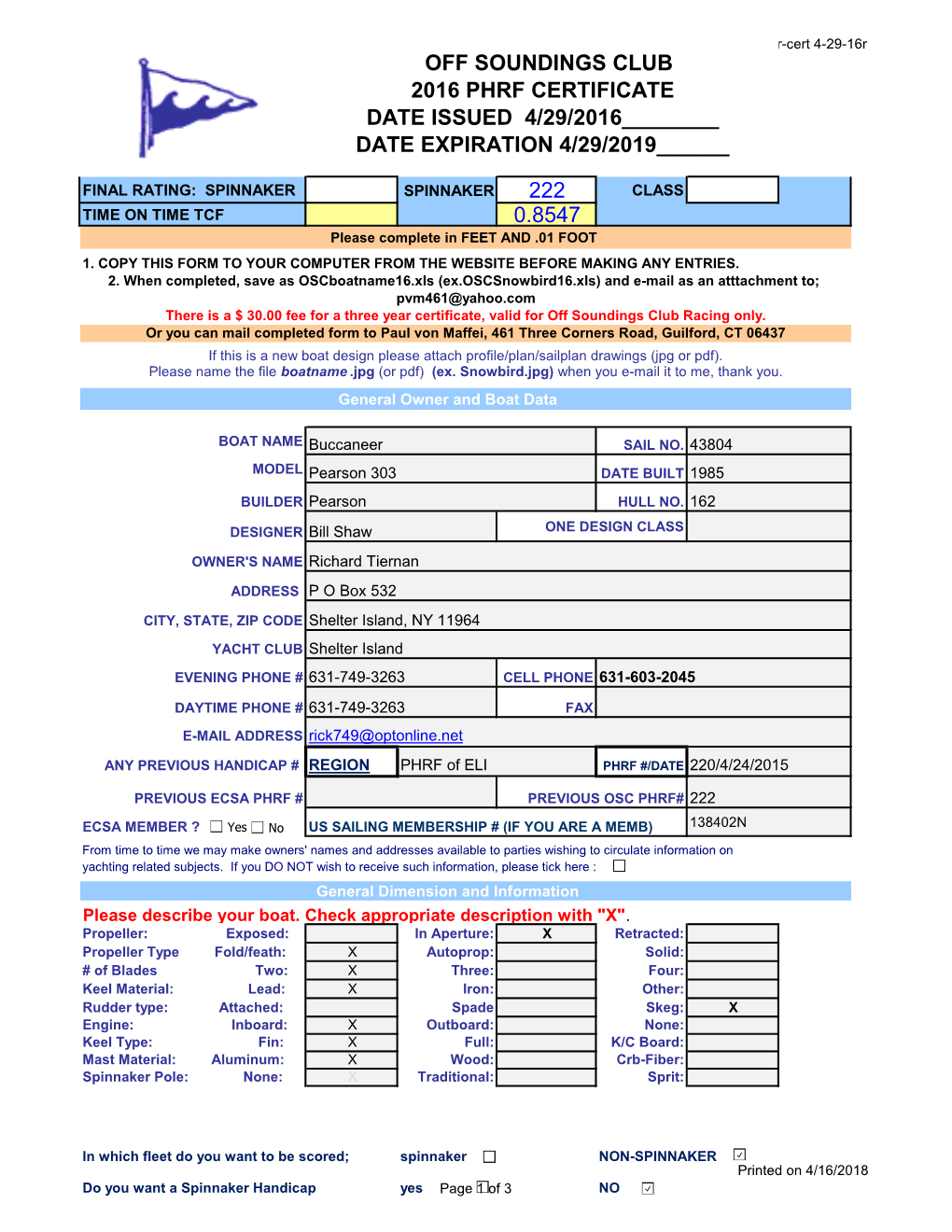 Off Soundings Club 2016 Phrf Certificate Date Issued