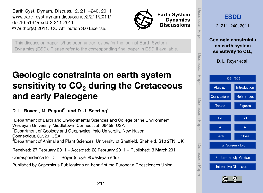 Geologic Constraints on Earth System Sensitivity to CO Table 2